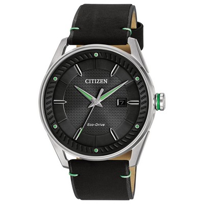 Citizen® Men's Drive Eco-Drive Black Strap Watch W/ Black Dial & Green Accents