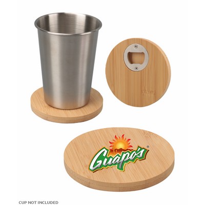 Union Printed - 4" Round Bamboo Coaster with Beer Opener - Full-Color Logo