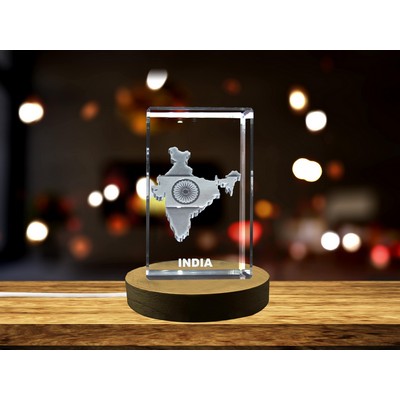 India 3D Engraved Crystal Trophy Keepsake w/LED Base & Ashoka Chakra Design