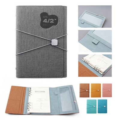 A5 Tri-Fold PU Leather Ring Binder Notebook with Card Slots Zipper Pocket