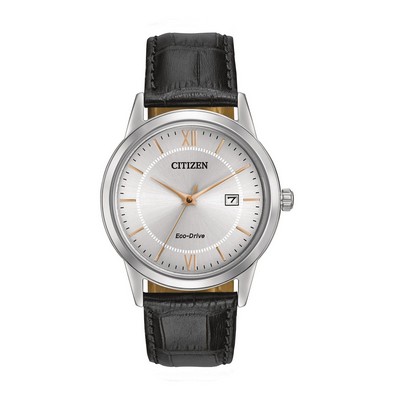 Citizen® Men's Eco-Drive Stainless Steel Watch W/ Black Leather Strap & Rose Gold Accents