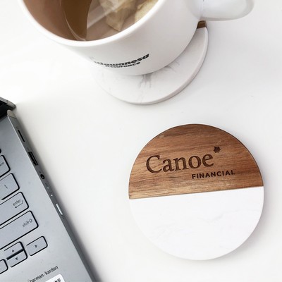 Marble And Wood Round Coasters ( Set Of 2)