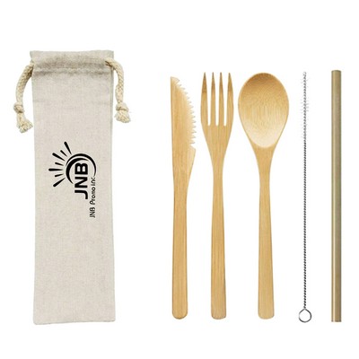 5-Piece Bamboo Utensils Set with Knitted Pouch
