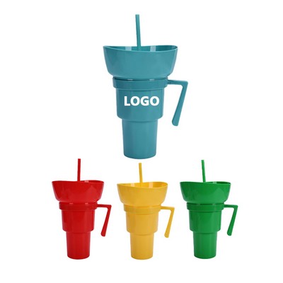 2-in-1 32oz Plastic Portable Snack Tumbler Cup w/Bowl on Top & Straw