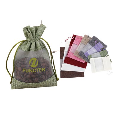 Faux Hemp Organza Patchwork Drawstring Storage Bag 5.1*7"