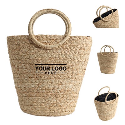 Straw Bucket Tote Bag with Round Handle