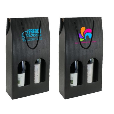 Heavy Duty Black Two Bottle Wine Carrier w/Windows & Rope Handles