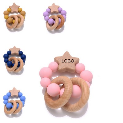 Wooden Star And Silicone Bead Baby Teether Ring