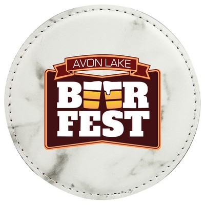 4" Round White Marble Laserable Leatherette Coaster