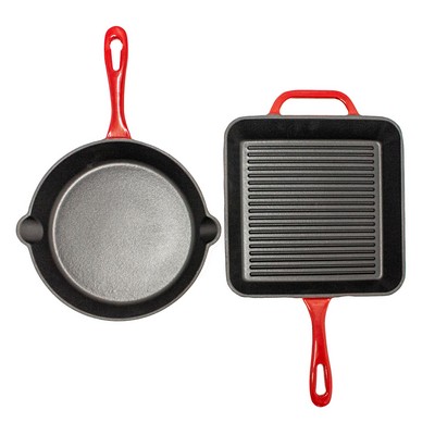 BergHoff 2Pc Enamel On Cast Iron Set,10" F/P And G/P, Red