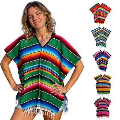 Mexican Style Poncho Fringe Pullover Cape