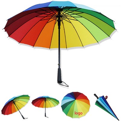 Professional 16 Rib Windproof Rainbow Straight Handle Umbrella