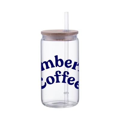 Union Printed - 18 Oz. Can Glass w/ Bamboo lid & Straw - One Color Wrap