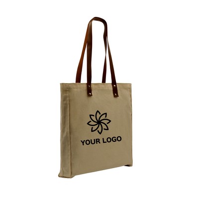 Natural Leather Handle Zipper Pocket Natural Gusset Canvas Tote Bag