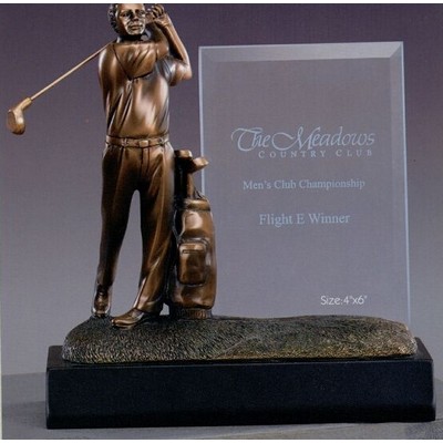 Back Swing Golfer w/Club & Glass Imprint Frame Trophy (8"x8.5")