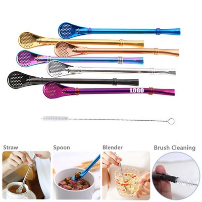 Reusable Stainless Steel Straws with Strainer Spoon and Ring