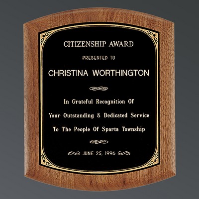 American Walnut Curved Edge Plaque, Black Brass/Gold Florentine, Small (7-1/2"x8-1/2")