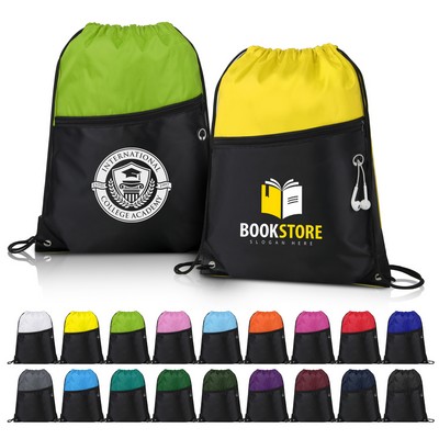 Two-Tone Drawstring Backpack With Front Zipper (Ocean)