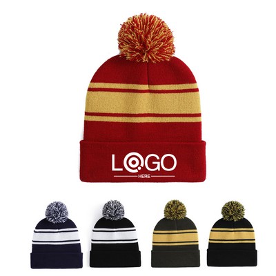 Winter Knitted Stripe Beanie Cap With Pom Pom