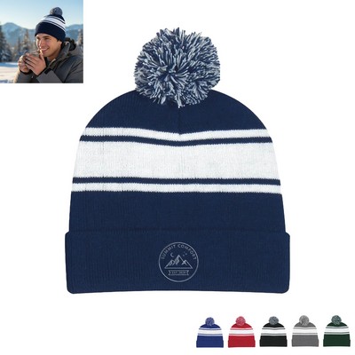 Two-Tone Knitted Pom-Pom Hat