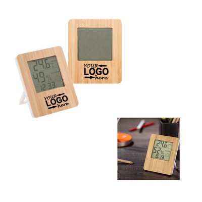 Digital Thermometer Hygrometer Clock Bamboo Desk Display