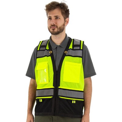 Zipper Front High Visibility Heavy Duty Surveyor's Vest with Contrasting Stripes, ANSI 2, Type R