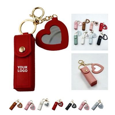 PU Leather Lipstick Holder Keychain With Heart Mirror