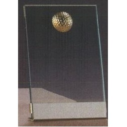 Clear Glass Plaque Award w/Gold Golf Accent, Gold Plastic Mounts & Base (5"x7.5")