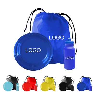 Custom Outdoor Fun Kit w/Non-Woven Drawstring Backpack & 20oz Water Bottle & 7" Flying Disc