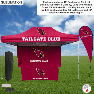 Game Day Tailgate Package, 15' Tent Kit, 15' Backwall, Box Fit Tablecloth, and Double sided Flag Kit