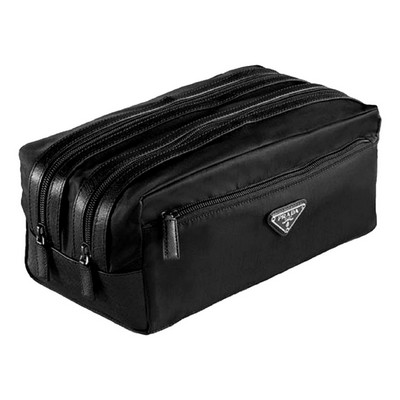 Prada Black Tessuto Nylon Saffiano Leather Trim Double Zip Necessaire Dopp Toiletry Bag