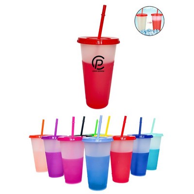 24 Oz Plastic Color Changing Cup with Lid & Straw