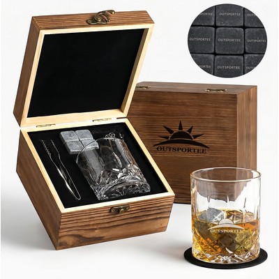 Whiskey Stones Glass Wooden Box Tongs Gift Set Kit