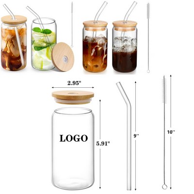 16oz Mason Jar With Bamboo Lid Juice Cup With Straw