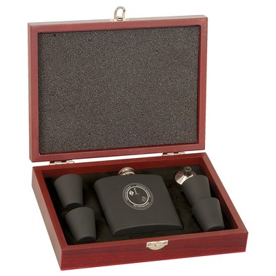 Flask Gift Set in Rosewood Case - Laser Engraved Plate