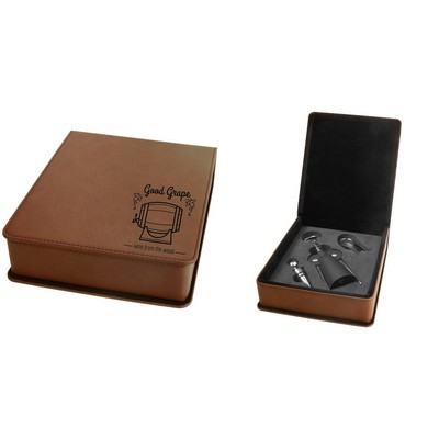 3 Piece Wine Tool Set, Dark Brown Faux Leather