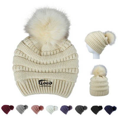 One-Size Slouchy Acrylic Knit Beanie With Faux Fur Pom