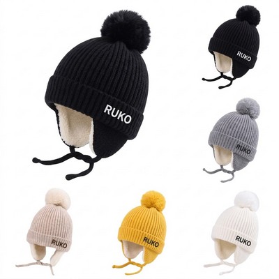 Fleece-Lined Knitted Earflap Beanie Hat with Soft Stretch Fit