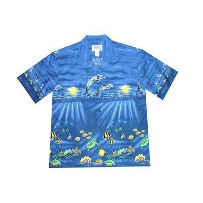Navy Hawaiian Shirt - 100% Cotton Poplin Tropical Print w/ Coconut Buttons (S - 3XL in-stock)