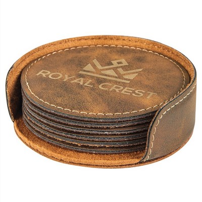 Round Coaster Set with 6 pcs, Rustic Faux Leather0, Engraved, 4" Dia
