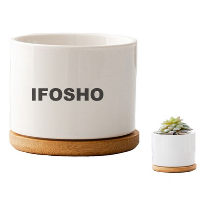 3" Mini Ceramic Plant Pot with Bamboo Tray for Small Succulent (Plants Not Included)