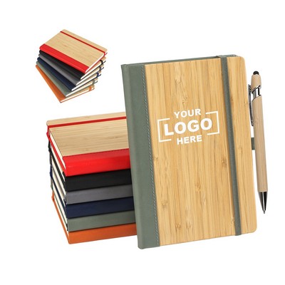 PU Leather and Bamboo Cover Notebook with Stylus Pen