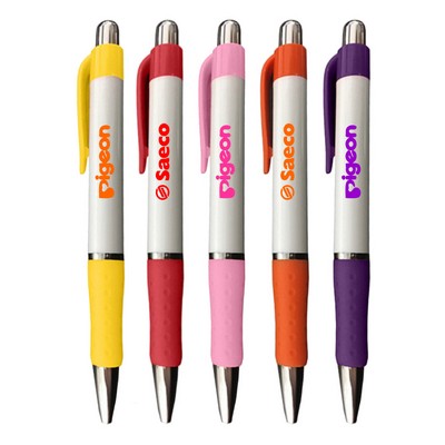 Union Printed – Rigid White Barrel Click Pen with Rubber Grip