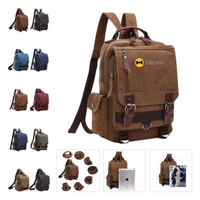 Vintage Canvas Backpack Travel Rucksack W/Leather Trim