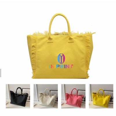 Fringed Canvas Tote Bag