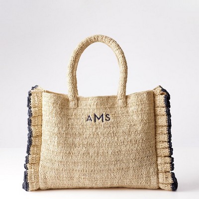Ruffled Bohemian Straw Tote Bag Handcrafted Ruffle Trim Woven Shoulder Bag Large Capacity Vintage