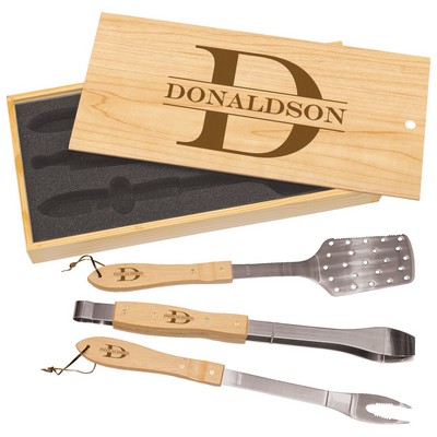 3-Piece BBQ Tool Set in Wooden Pine Presentation Box