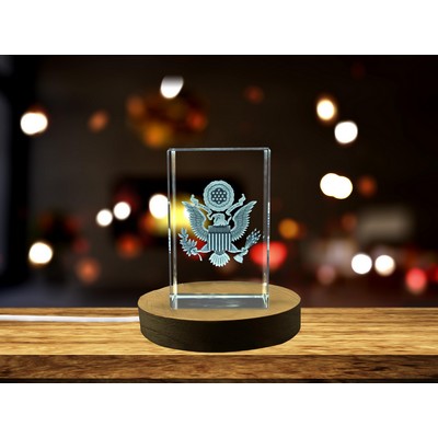 USA Flag Coat of Arms 3D Engraved Crystal Award Trophy w/LED Base