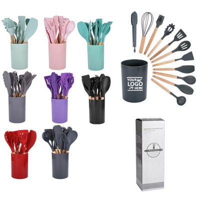 Kitchen Non-stick Silicone Utensil Cookware Set with Wood Handles