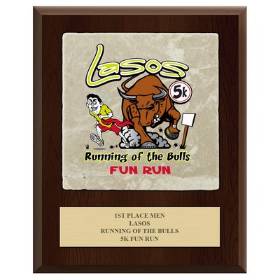 Cherry Finish Plaque w/Tumbled Stone Tile & Engraved Plate (8"x10")